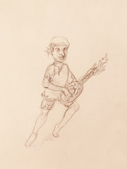 Fototapeta na wymiar Man (Dwarf) plaing lute. pencil sketch on paper. Original hand draw.