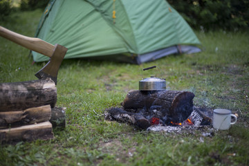 Camping in the woods.