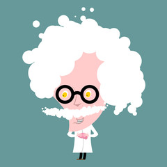 Crazy professor in white coat. Nutty Scientist keeps brain. Scie