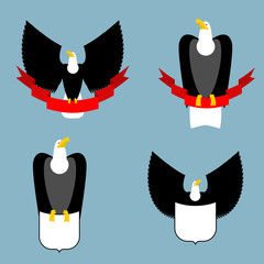 Eagle and red ribbon set. Black bird predator. Hawk and shield.