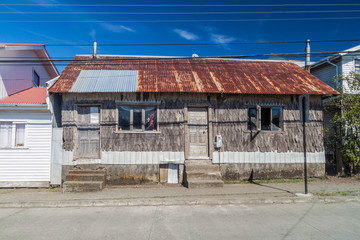 View of houses lining streets of Achao village, Quinchao island, Chile