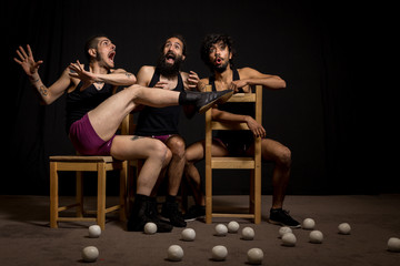 Comedy show by circus jugglers - obrazy, fototapety, plakaty