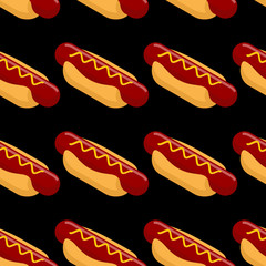 Hot dog isometric seamless patern. Fast food 3D on black backgro