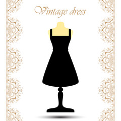 Vintage black cocktail short dress on mannequin with line lace borders for icon.
