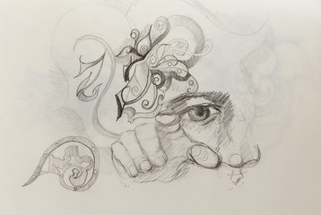 Man eye, nose, and hand collage, pencil sketch on paper.