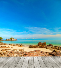 Beautiful beach of south of Thailand with wooden under for put your products.