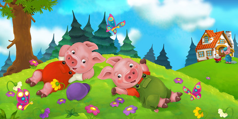 Obraz na płótnie Canvas Cartoon scene of pigs resting on the hill - one is working - illustration for children