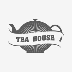 Tea house logo or badge template with tea pot