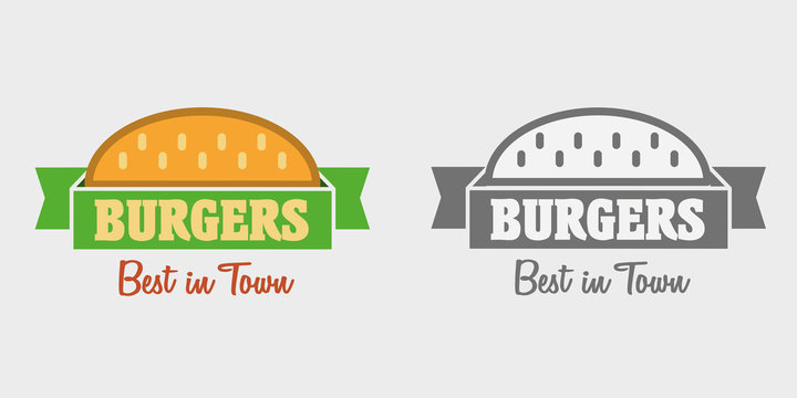 Burger emblem, logo or label design concept. Monochrome and color
