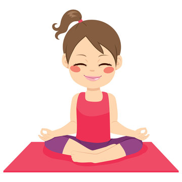 Cute little happy girl doing zen position on yoga mat isolated on white background