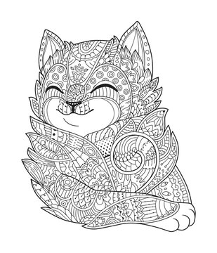 Zen art cat. Hand-drawn fluffy cat portrait in zentangle style for adult coloring page. Zen doodle. Vector illustration on a white background.