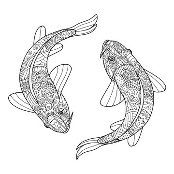 Zentangle stylized couple of fish. Two koi carps. Zen art for adult antistress coloring page.