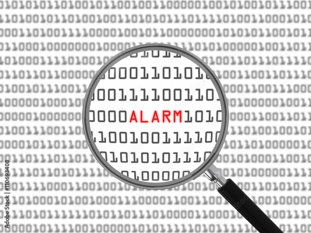 Poster alarm found in binary code with magnifying glass - 3d illustration