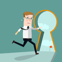 Businessman entering keyhole. Business concept cartoon illustration.