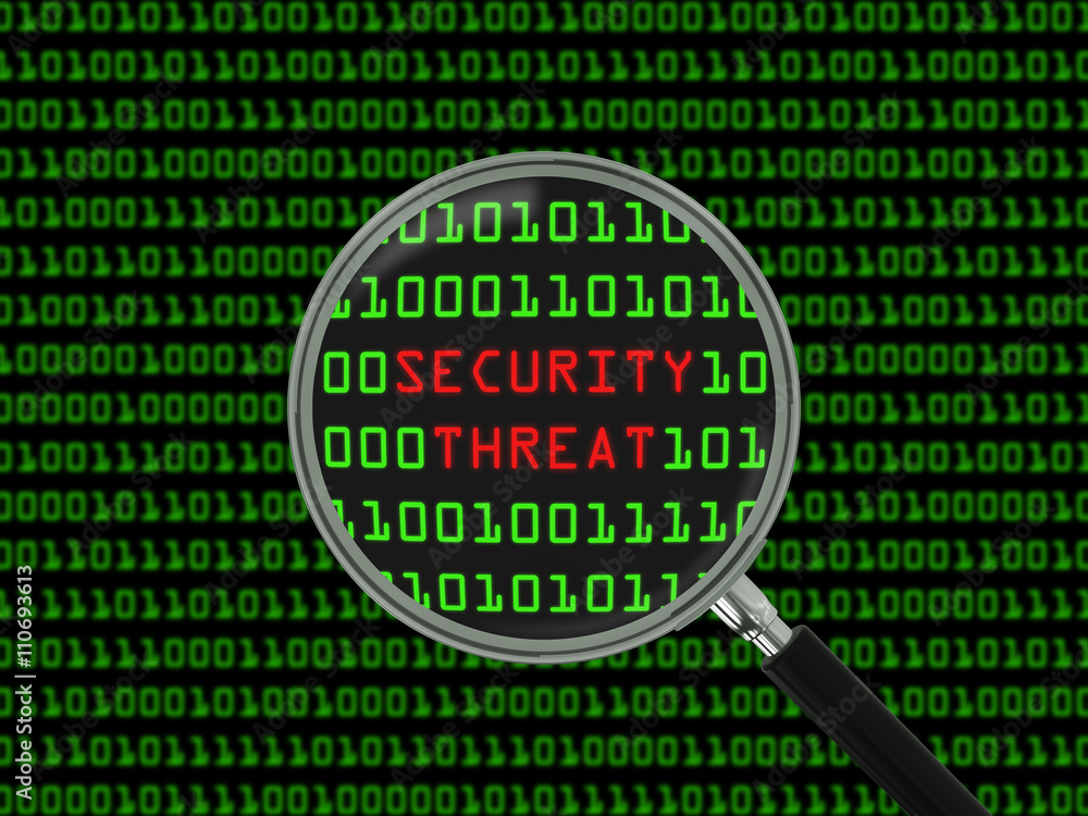 Poster security threat found in binary code with magnifying glass - 3d illustration