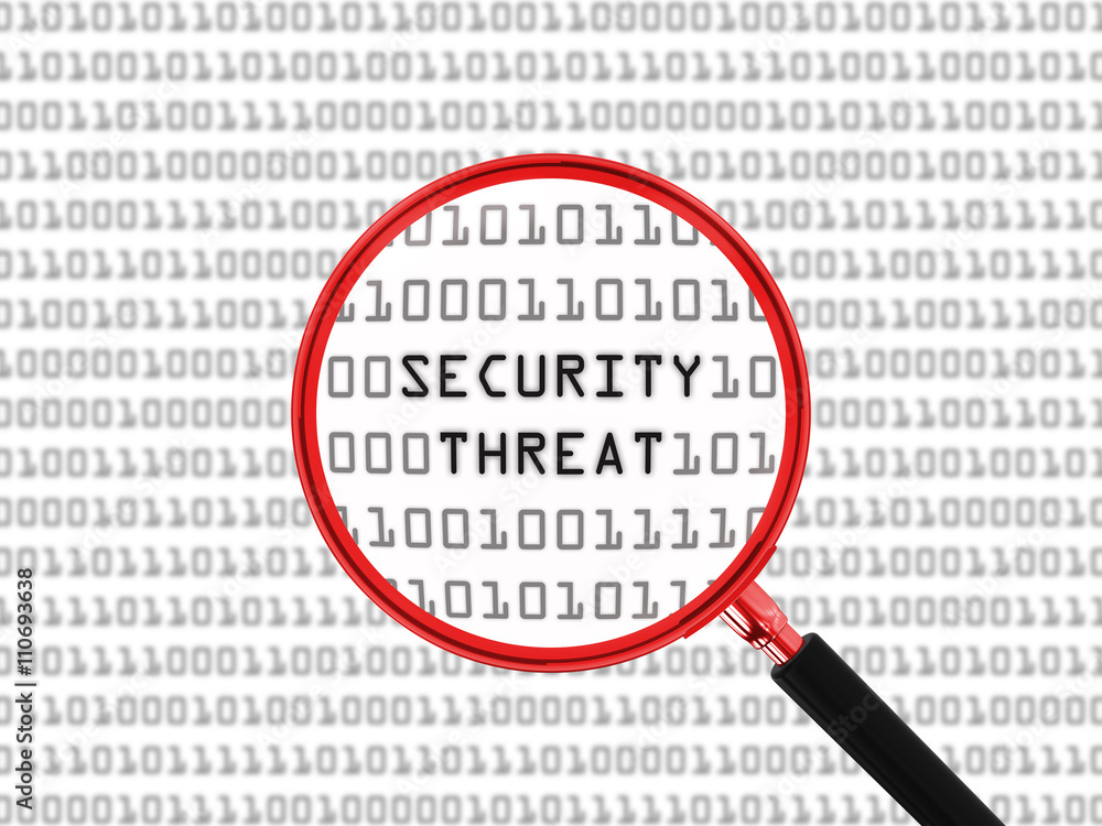 Poster security threat found in binary code with magnifying glass - 3d illustration