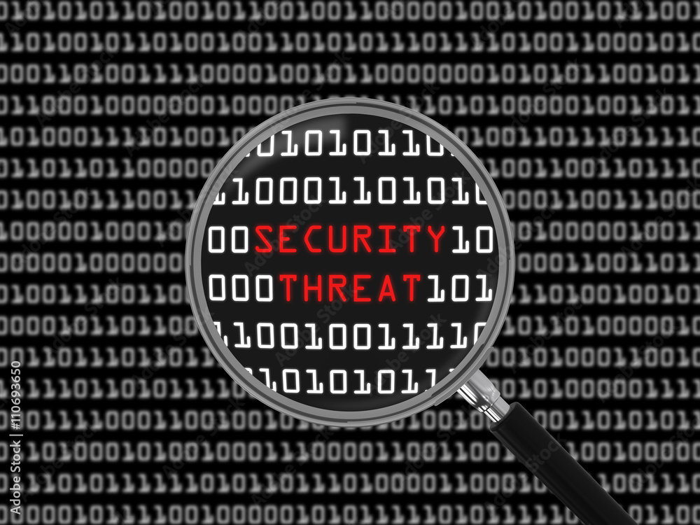 Poster security threat found in binary code with magnifying glass - 3d illustration