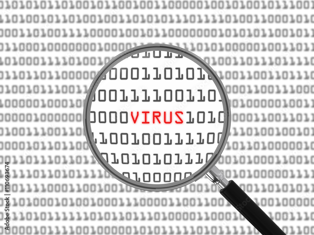 Poster virus found in binary code with magnifying glass - 3d illustration