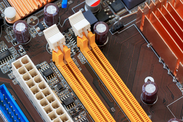Socket electronics components on PC computer mainboard.