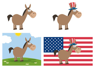 Democrat Donkey Cartoon Character. Set Collection Isolated On White