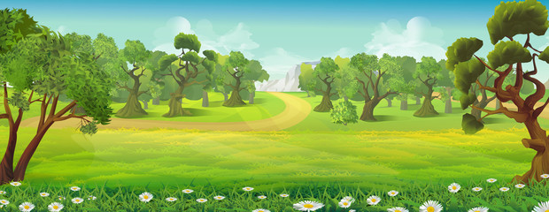 Meadow and forest nature landscape, vector background © Natis