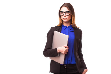 Successful business woman holding a laptop - isolated over white