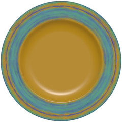 Isolated empty round glazed plate with decorative frame