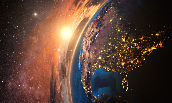 3D rendering of detailed colorful Earth, 
highly detailed planet earth in the evening
sunset over USA
