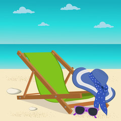Beach lounge chair, sun glasses, hat, design elements, vector illustration