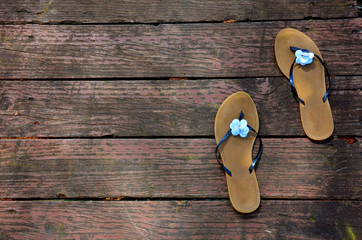 Gently used summer time flip flop sandals, shoes resting on wood dock, deck.