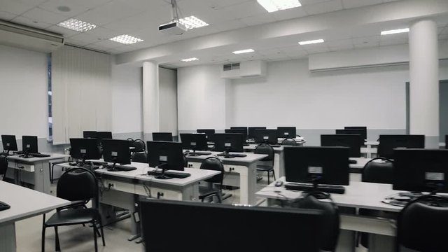 Classroom with computers. Steadicam fly thru auditorium