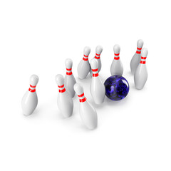 Naklejka premium Bowling Ball crashing into the pins. 3D rendering