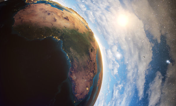 3D rendering of detailed colorful Earth, 
highly detailed planet earth in the evening,
sunrise in africa