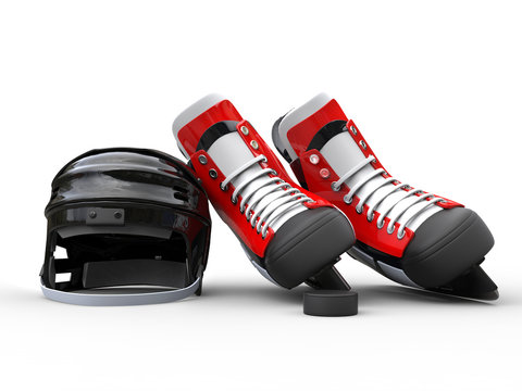 Black Hockey Helmet With Red Hockey Skates - Isolated On White Background