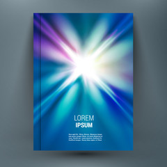 Abstract mock-up composition with spark on glory deep blue space backdrop. Light rays of distant galaxies in universe. Speed of light. Astral journey. Supernova star. A4 brochure title sheet.