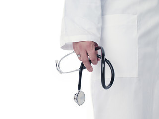 close-up image of a doctor holding stethoscope.