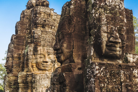 Stone faces at Bayon temple, Angkor, Siem Reap, Cambodia.