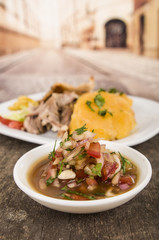 Traditional bowl of ecuadorian encebolladas, very nice presentation, restaurant catering concept