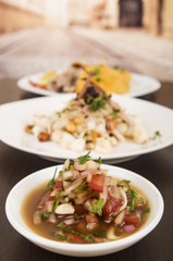 Traditional bowl of ecuadorian encebolladas, very nice presentation, restaurant catering concept