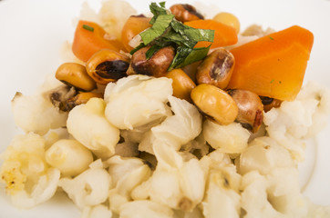 Traditional ecuadorian plate of pork hornado, elegant presentation on white plate, catering concept