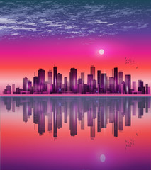 Obraz na płótnie Canvas Modern night city skyline at sunset, with reflection on water surface