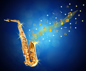 Fototapeta na wymiar Golden saxophone and flowing notes against blue background