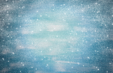 Color wooden background with snow effect