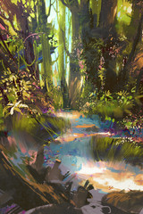 Obraz premium ścieżka w pięknym zielonym lesie latem, malarstwo pejzażowe