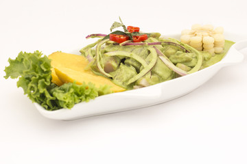 Peru Dish: Cebiche (ceviche) en Crema Andina. Basil, coriander, lemon