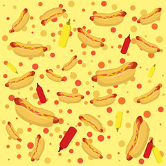 Seamless pattern vector illustration of Hotdog with tomato sauce and mustard in dotted green background