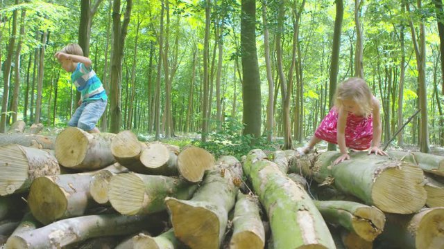  Happy little boy & girl climbing on log pile & exploring in the woods