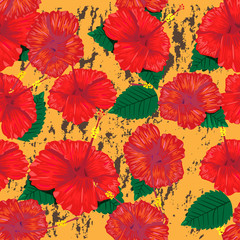 Fototapeta na wymiar Seamless blooming flowers pattern background with red hibiscus f