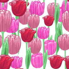 Seamless florals pattern background with red and pink cute tulip