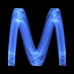 Abstract background pattern. Bright blue letter M on the black background. Digital art.